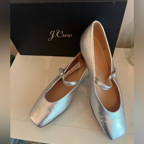J. Crew Silver Square Toe Anya Mary Jane Ballet Flat Leather - Picture 2 of 11